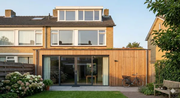
Aanbouw woning met zwarte kozijnen